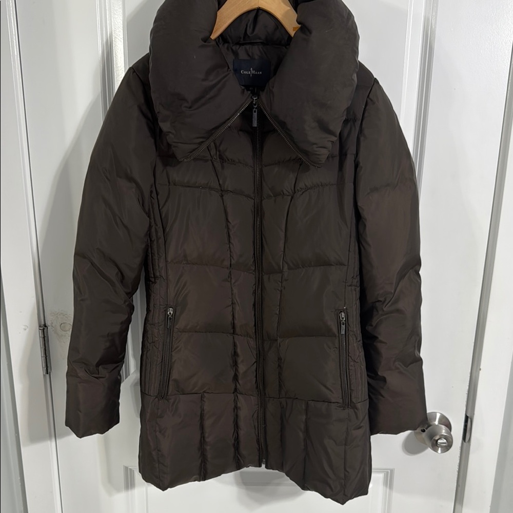 Cole Haan Brown Puffer Jacket with Fold-Over Collar